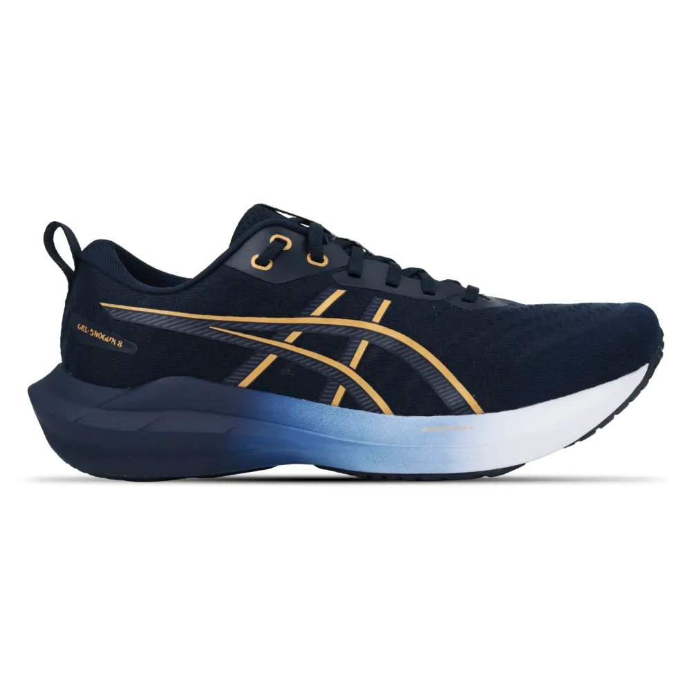 Tênis de corrida masculino Asics Gel-Shogun 8 azul com detalhes dourados, vista frontal